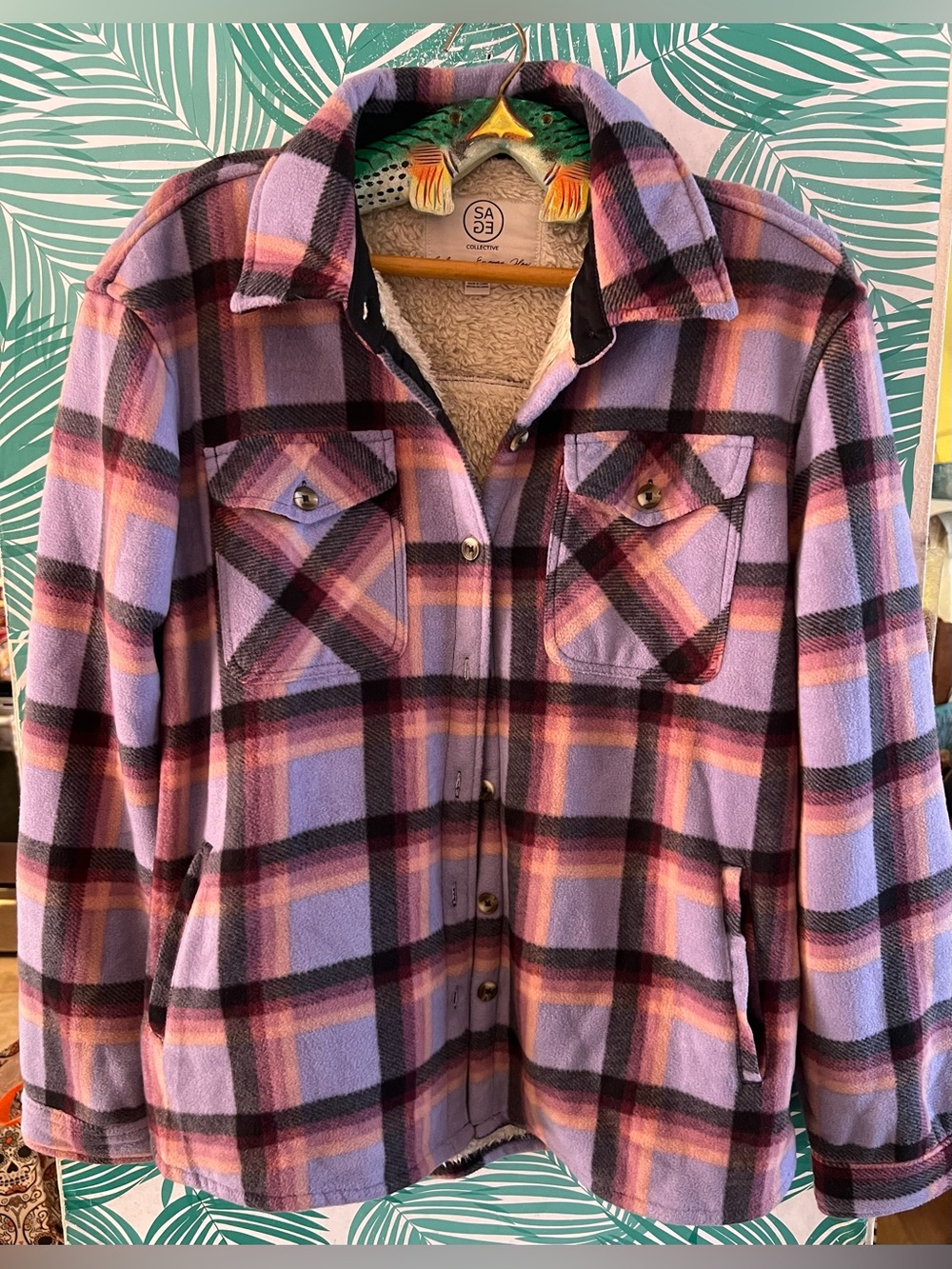 Sage Collective Lavender Plaid Sherpa-Lined Shacket Sz L Guc